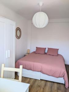 アンティーブにあるAppartement T4 proche plage et vieille villeのベッドルーム1室(ピンクの毛布付きのベッド1台付)