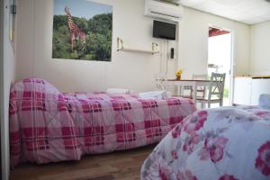 Pombia的住宿－SAFARI CAMPING，一张壁挂长颈鹿照片的房间的两张床