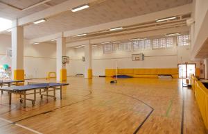 een lege fitnessruimte met 2 tafeltennistafels en een basketbalveld bij Spa & Sport Hotel Mar y Sol in Arona