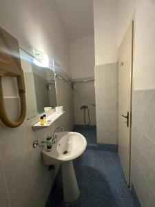 a bathroom with a sink and a mirror and a shower at Vassilikon Hotel in Loutraki