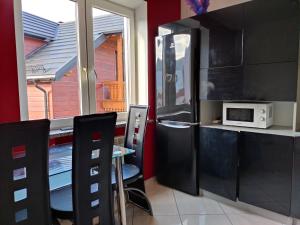 a kitchen with a black refrigerator and a table with chairs at Apartament Ogrodowa in Muszyna