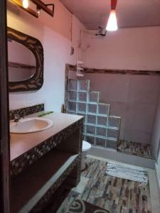 a bathroom with a sink and a toilet and a mirror at Natalias Beach House in Matapalo