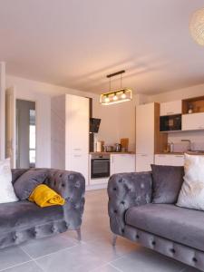 uma sala de estar com dois sofás e uma cozinha em Superbe appartement 2 chambres - parking gratuit em Bourg-en-Bresse