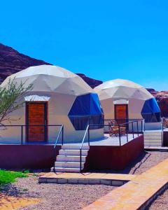 a couple of domed tents with stairs in a desert at Adel rum camp bubbles in Wadi Rum