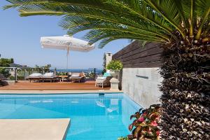 einen Pool mit einer Palme neben einem Haus in der Unterkunft Private pool & sea view residence in Saronida