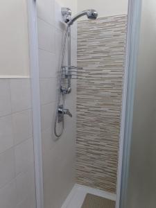 a shower with a glass door in a bathroom at Appartamento via giansanti in Terracina