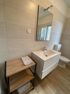 ein Badezimmer mit einem Waschbecken, einem Spiegel und einem WC in der Unterkunft Apartma Magnolija in Nova Gorica