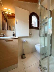 a bathroom with a shower and a sink and a toilet at Casa Calle del Forno in Grado