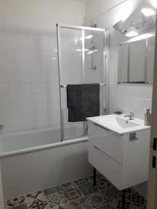 een witte badkamer met een wastafel en een douche bij Maison 3 chambres prox CNPE Dampierre in Dampierre-en-Burly