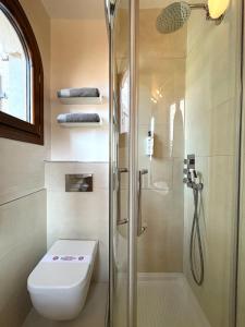a bathroom with a shower with a toilet and a sink at Casa Calle del Forno in Grado
