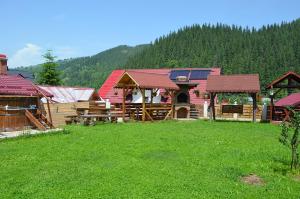 a group of wooden buildings in a field of grass at Casa Viorica și Luis in Câmpulung Moldovenesc