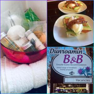 a collage of pictures with a sandwich and a bowl of food at Dunroamin Bed and Breakfast in Aviemore