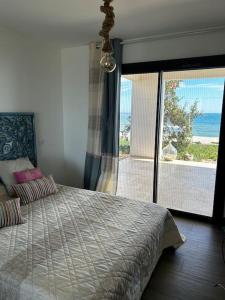 sypialnia z łóżkiem i widokiem na ocean w obiekcie Maison les pieds dans l’eau w mieście Ghisonaccia