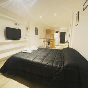 a large black bed in a room with a tv at FINCA NOVA Apartment 1 in Balcarce