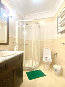 a bathroom with a shower and a toilet and a sink at Gomera Sunset Apartments in Valle Gran Rey