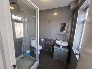 a bathroom with a shower and a toilet and a sink at The Roslyn Guest House in Paignton