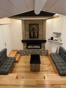 a living room with two couches and a fireplace at La Demeure des 2 Trésors in La Bresse