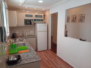 La cuisine est équipée d'un réfrigérateur blanc et d'un évier. dans l'établissement Arenas MDQ, à Mar del Plata