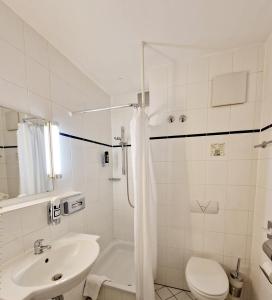 Trip Inn Hotel Minerva Frankfurt في فرانكفورت ماين: حمام أبيض مع حوض ومرحاض