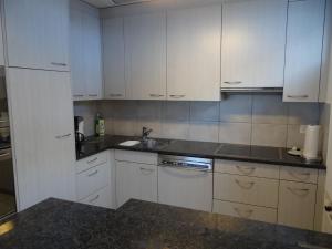 kuchnia z białymi szafkami i zlewem w obiekcie Apartment Dorfstrasse 15 by Interhome w mieście Engelberg