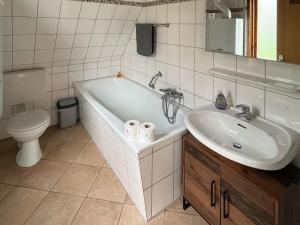 a bathroom with a tub and a sink and a toilet at Chalet Waldrauschen by Interhome in Bad Arolsen