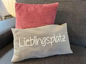 una almohada sentada en un sofá junto a una almohada rosa a rayas en Chalet Waldrauschen by Interhome, en Bad Arolsen