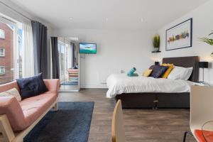 Exeter City Centre Apartments Eden Apartment في إكسيتير: غرفة معيشة مع سرير وأريكة