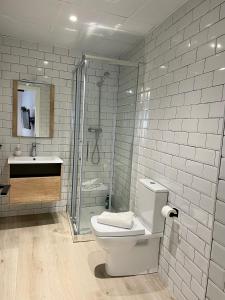 a bathroom with a shower and a toilet and a sink at Loft Time - Somhome in Peniscola