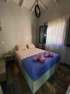 a bedroom with a bed with blue sheets and pink pillows at The Dona House in Vaia