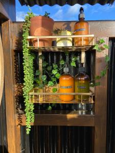 a shelf with bottles and potted plants on it at Fen meadows glamping - Luxury cabins and Bell tents in Cambridge