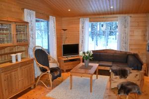 a living room with a couch and a tv at Loikansaari Lomamökit Holiday Cottages in Savonlinna
