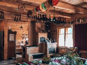- une cuisine avec une cuisinière dans une maison en bois dans l'établissement Wonderful, atmospheric holiday home in the countryside, Be czna, 