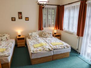 een slaapkamer met 2 bedden en 2 ramen bij Holiday Home Chata Labaika by Interhome in Harrachov