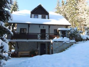 a house with snow on the roof of it at Holiday Home Chata Labaika by Interhome in Harrachov +40 photos