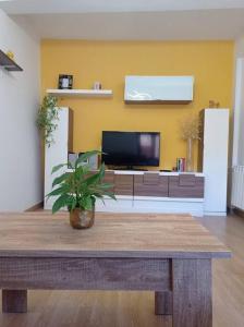 un soggiorno con un tavolo e una TV di Agradable casa antigua reformada con patio a Espejón