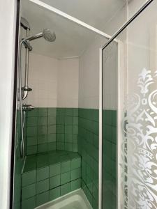 a green tiled bathroom with a shower and a tub at The Brewhouse Boscastle Harbour in Boscastle