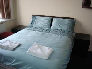 ロンドンにあるフォレスト ゲート ホテルの青いベッド(白いタオル2枚付)