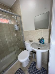 a bathroom with a toilet and a sink and a shower at Apt 3. Private Studio in Moseley, Birmingham in Birmingham