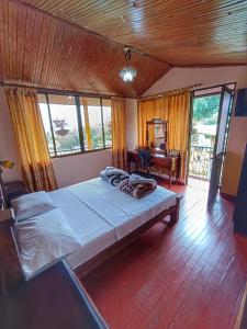 ein Schlafzimmer mit einem großen Bett in einem Zimmer mit Fenstern in der Unterkunft Parque Bioflora in Dosquebradas
