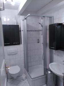 ein Bad mit einer Dusche, einem WC und einem Waschbecken in der Unterkunft Seeperle 3, Wunderschöne Maisonett Ferienwohnung unter Reet! in Sankt Peter-Ording