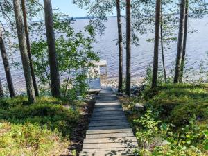 ein Holzweg, der zum Wasser mit Bäumen führt in der Unterkunft Holiday Home Honkakoli 8 by Interhome in Hattusaari