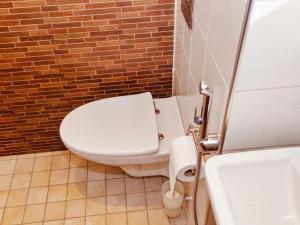 a bathroom with a white toilet and a brick wall at Holiday Home Tahko spa junior suite orange a 10 by Interhome in Tahkovuori +8 photos