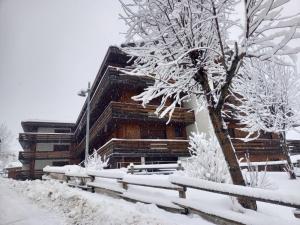 un edificio cubierto de nieve junto a un árbol en Apartment Condominio Giulia by Interhome, en Alba di Canazei