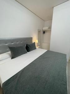 1 dormitorio con 1 cama blanca grande y 2 almohadas en SUARA Apartamentos 3, en Madrid