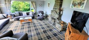 a living room with a tv and a fireplace at Dunrod in Kirkcudbright
