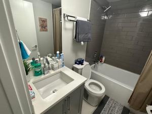 a bathroom with a sink and a toilet and a tub at Cozy BSMT Apt w/2BR+Disney+ Nflx in Saskatoon