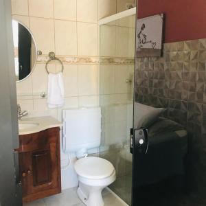 a bathroom with a toilet and a sink and a mirror at Pousada Ciclo do Ouro in Paraty