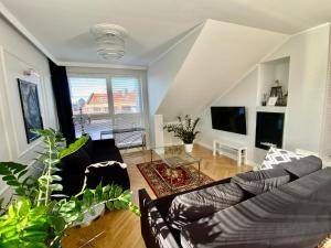 een woonkamer met een bank en een tv bij Apartament Szafarnia DeLux in Gdańsk