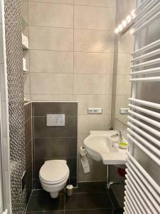 een kleine badkamer met een toilet en een wastafel bij Familienapartment in Wien in Wenen