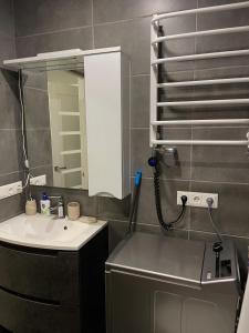een badkamer met een wastafel en een spiegel bij Hygge Apartment in Mizhhirya